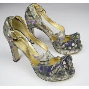 J.Crew Womens Heels Size 6 Green Floral Fabric Peep Toe Ankle Strap 4" $298